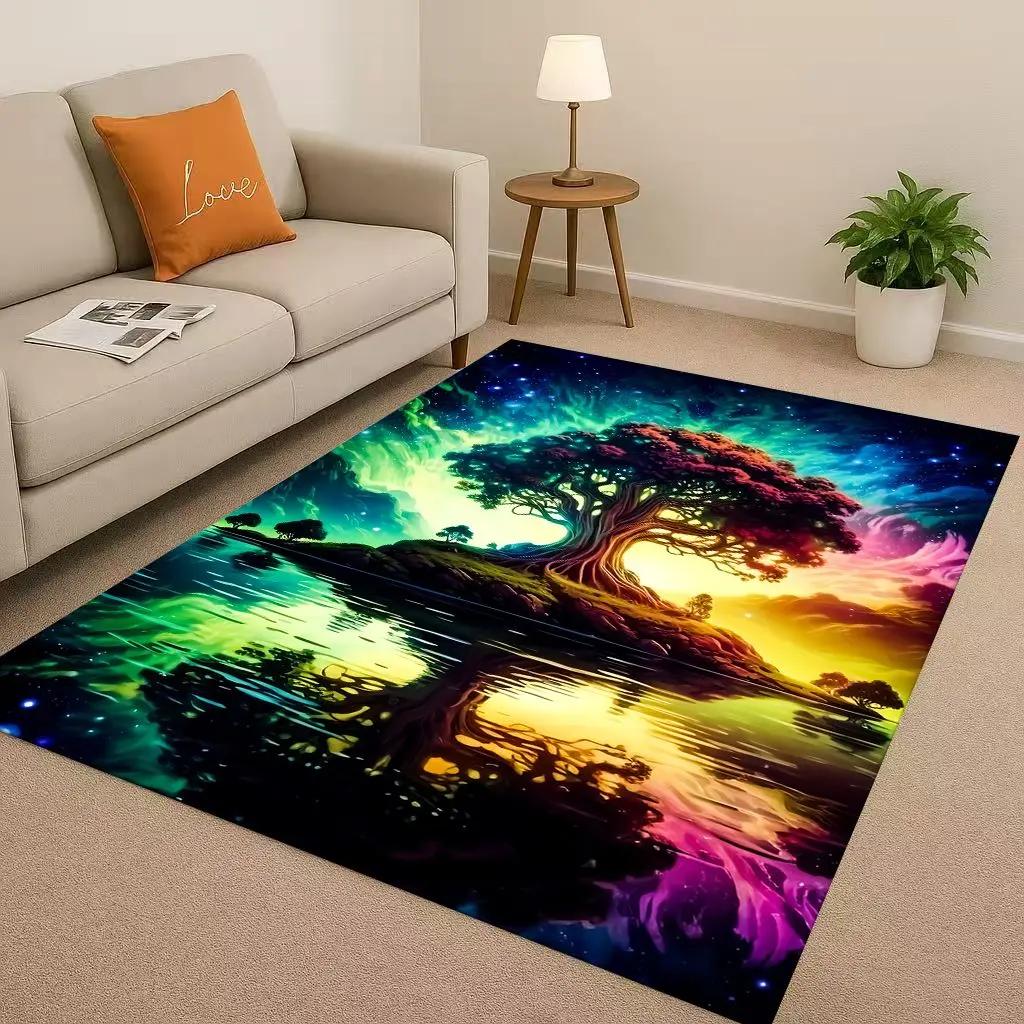3D Bunter Baum des Lebens Yggdrasil Keltisches Runen Wohnzimmer Rutschfester Teppich für Schlafzimmer Spielzimmer Sofa, Heimdekoration Fußmatte