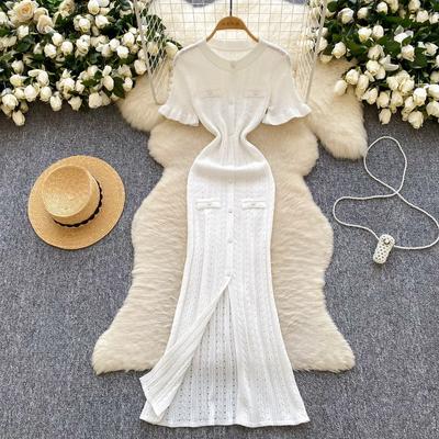Robe Tricotée Simple pour Femme Été Simple Boutonnage Ajourée Amincissante et Modelante
