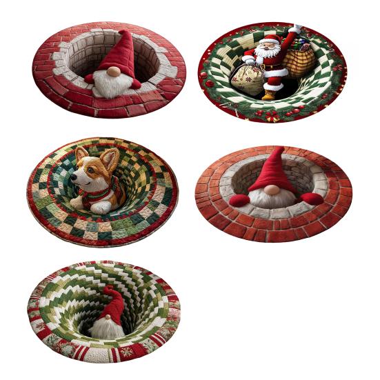 Kerstmis 3D Vloerkleed Kerstman/Kabouter/Hond Gewatteerd Rond Spiraal Vloerkleed Antislip Optische Illusie Deurmat met Dieptepatroon voor Entree