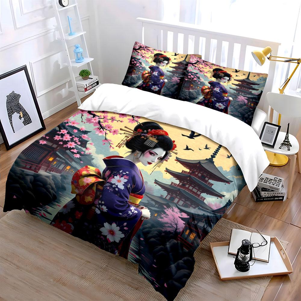Geisha In Floral Kimono Scene Bedding Duvet Cover Set (1*Duvet Cover 2*Pillowcases, Without Duvet Insert)