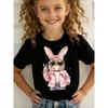 European Sizes Girls' Short-Sleeve T-Shirt | Easter Summer Fashion - with Bow, Fashion Glasses, and Bubble-Blowing Bunny Cartoon Print - Casual Top