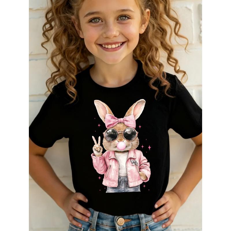 European Sizes Girls' Short-Sleeve T-Shirt | Easter Summer Fashion - with Bow, Fashion Glasses, and Bubble-Blowing Bunny Cartoon Print - Casual Top