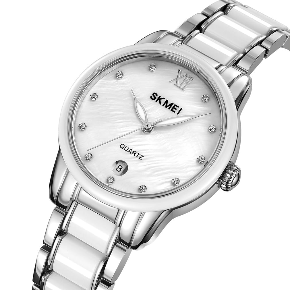 Women's Watch Ceramic White Simple Ladies Waterproof Brand Business Stainless Steel Gift for Her Silver