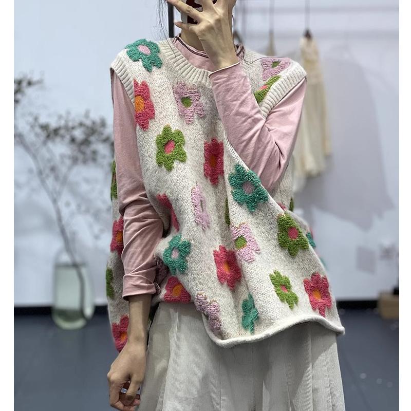 Plus Size Sweaters Autumn Vest Sleeveless O-Neck Casual Women Basic Vest Flower Pattern Clothing Big New