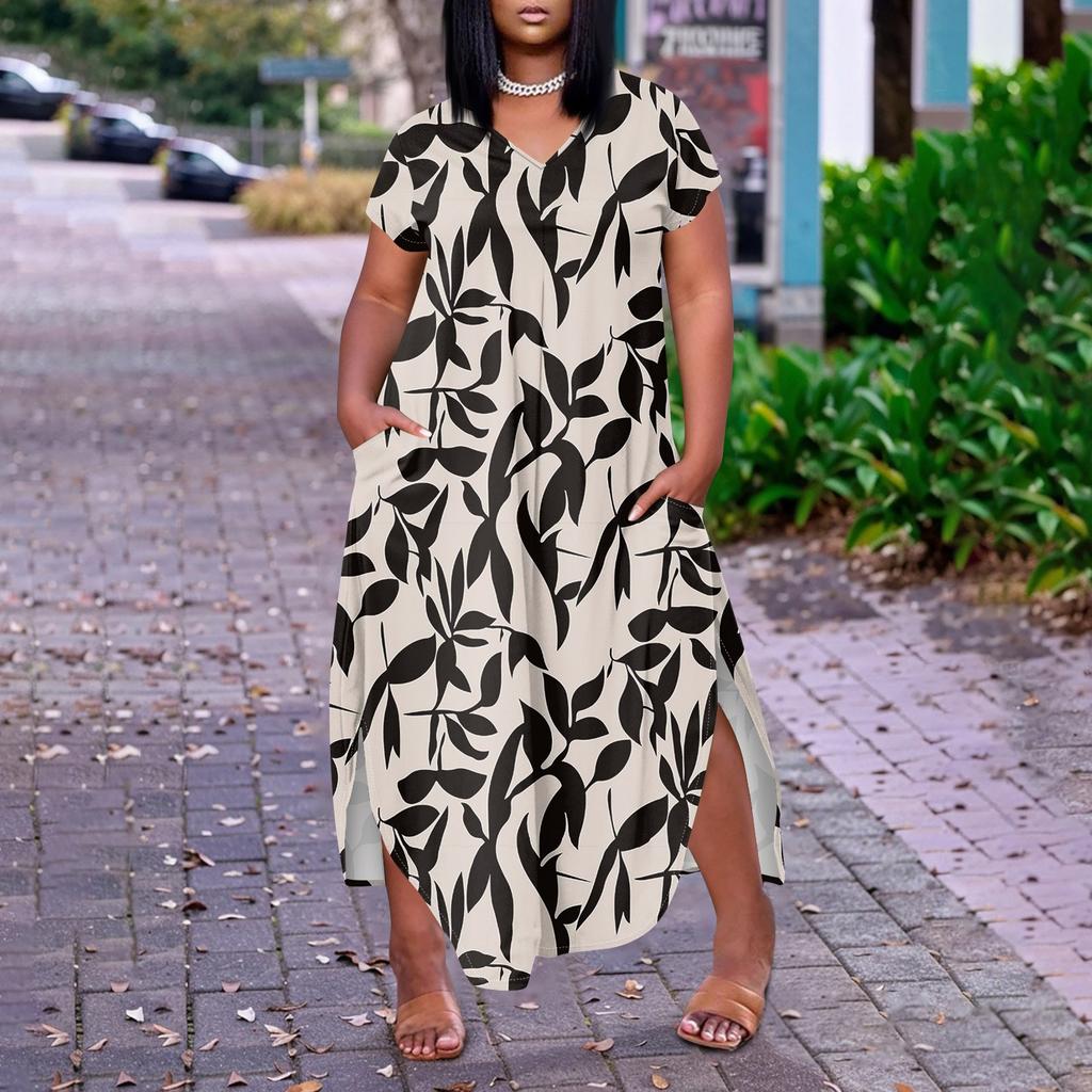 Women Floral Maxi Dress Summer Casual Short Sleeve Dress Sundress V-Neck Long Dresses With Pockets Beach Vacation