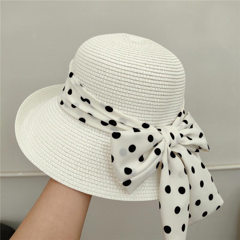 2026 Summer Women Straw Hat Dot Ribbon Pearl Flat Top Wide Brim Sun Hat Travel Beach Lady Panama Cap GIFT