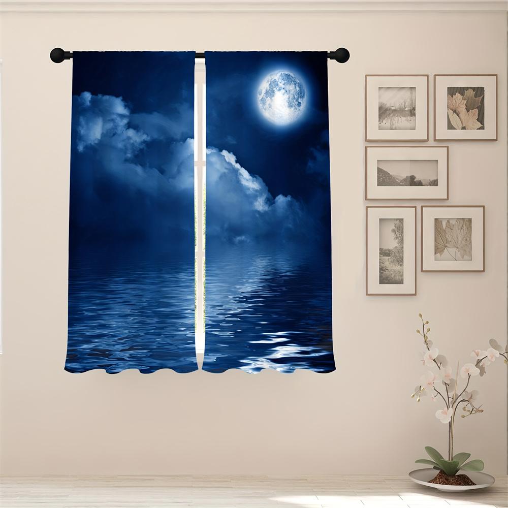 Night Moon Galaxy Blue Cloud Shine Stars Starry Window Curtain For Living Room Kids Bedroom Bathroom Kicthen Door Home Decor2pcs