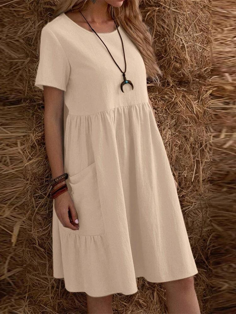 Summer Casual Women's Midi Dress Flowy Beach Dress with Pockets Short Sleeve Cotton Linen