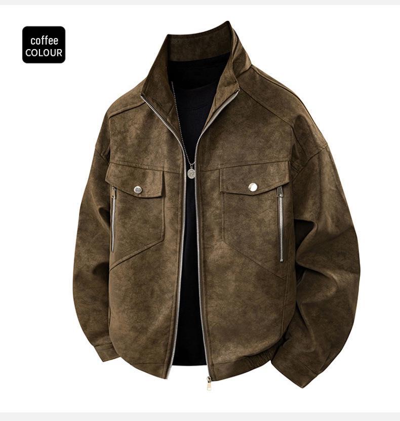 Men's Gray PU Leather Stand Collar Retro Workwear Jacket for Spring/Autumn