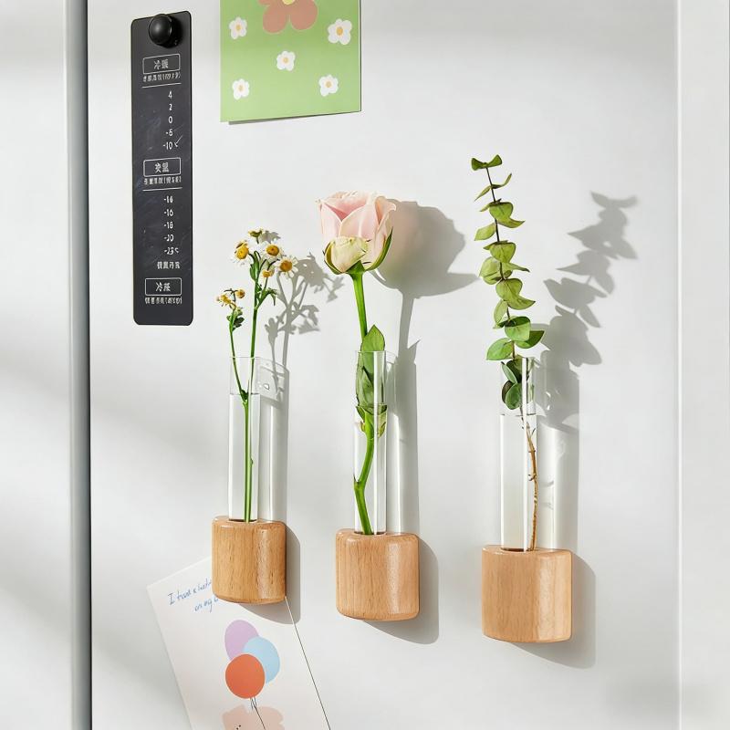 Natural Wood Color Magnetic Wall-Mounted Test Tube Vase Hydroponic Flower Arranger Creative Home Living Room Wall Decoration Sim