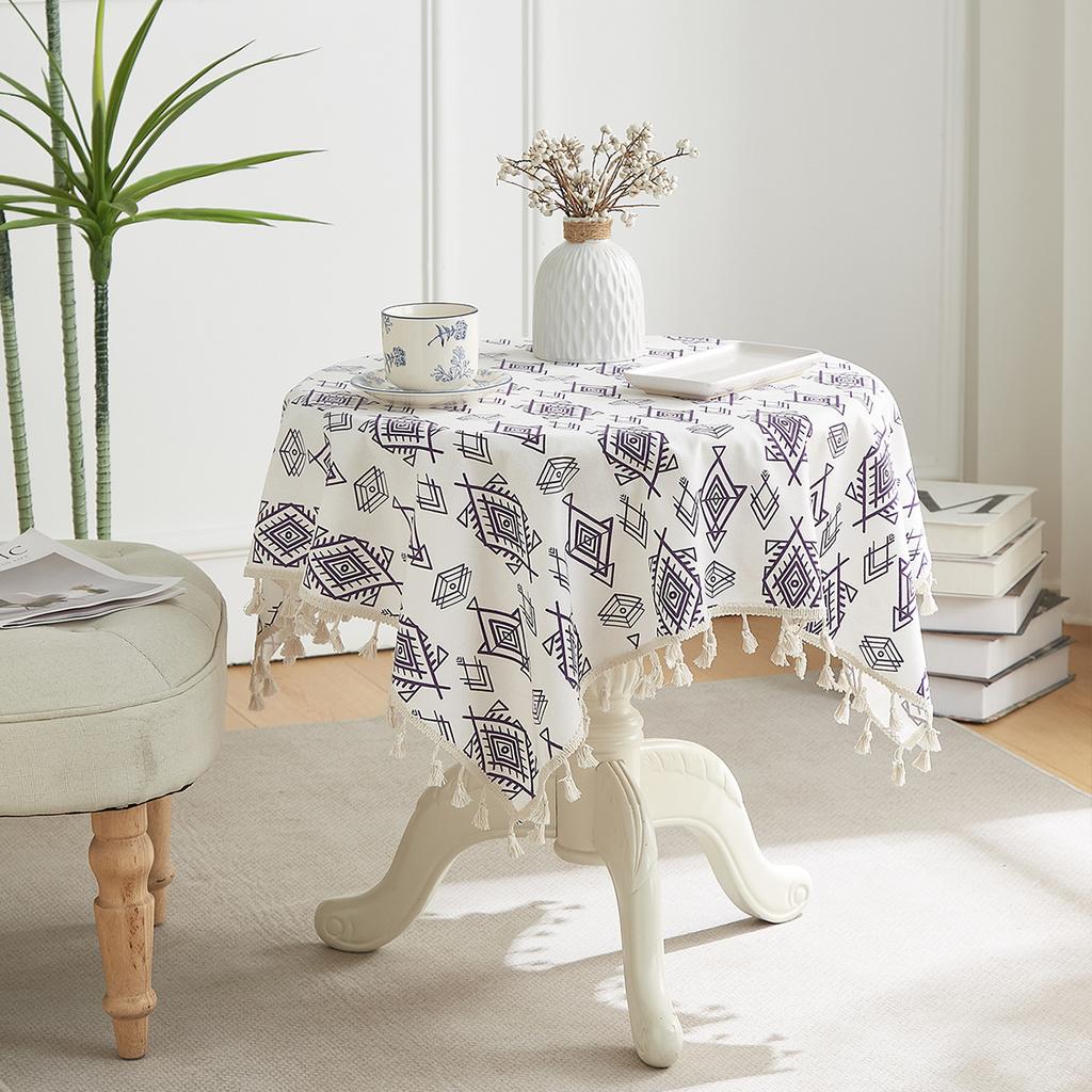 Cotton And Linen Small Fresh Navy Blue Small Flower Round Tablecloth Household Living Room Homestay Decoration Fringed Tablecloth