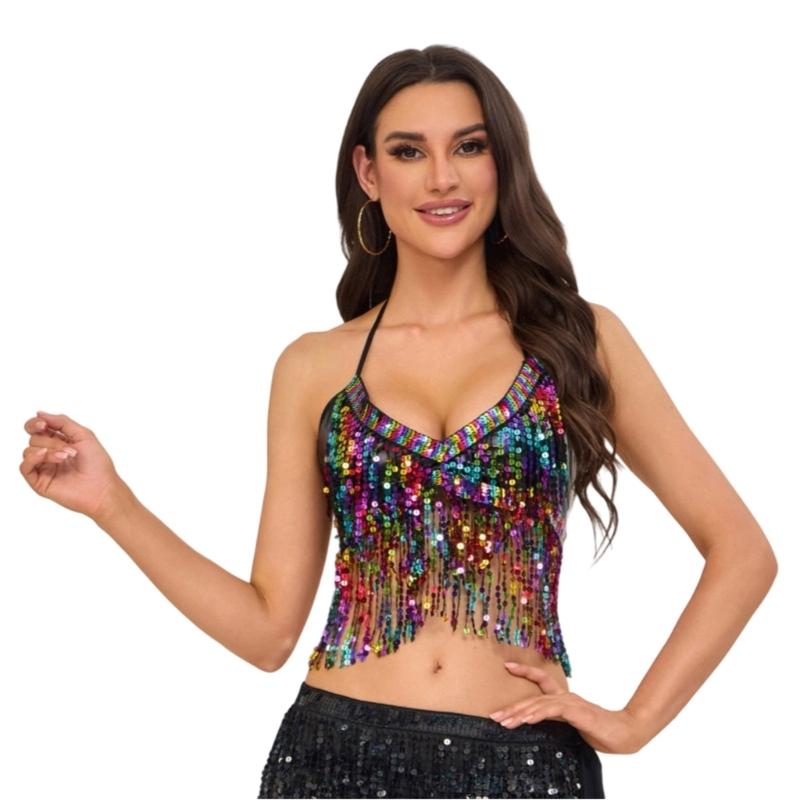 Belly Dance Costume for Women Belly Dancing Glitter Bra Tops Sequins Fringes Tassels Halter Tops for Stage Performances