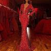 Rochie de seară pentru femei, cu paiete, cu decolteu în V adânc, mâneci lungi, slim fit, tiv cu coadă de pește, lungime la podea cu paiete