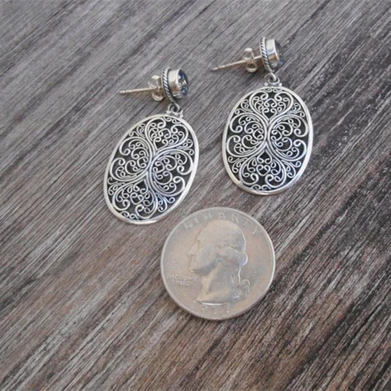 Vintage Creative Silver Color Metal Carving Hollow Flower Earrings Classic Round Inlaid Sea Blue Stone Dangle Earrings for Women