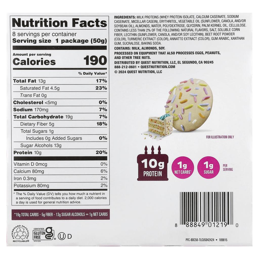 Quest Nutrition Bake Shop Frosted Cookies, Birthday Cake, 8 Pack, 50g (1.76oz) Each