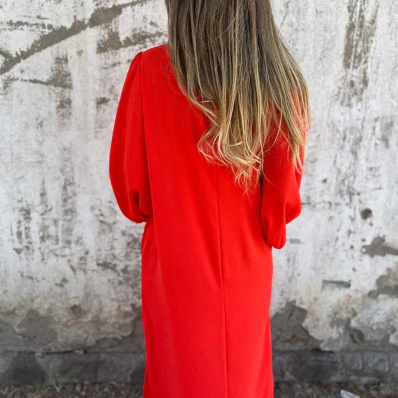 Vår Höst Rund Hals Lös Ledig Enfärgad Morgonrock Dam Lykta Långärmad Klänning Vestidos