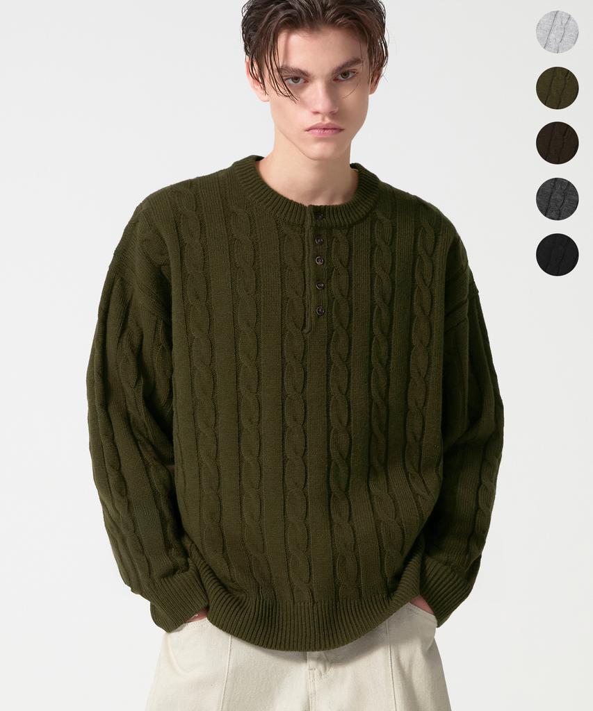 TRILLION Semi-Crop Henley Neck Cable Knit_5Color
