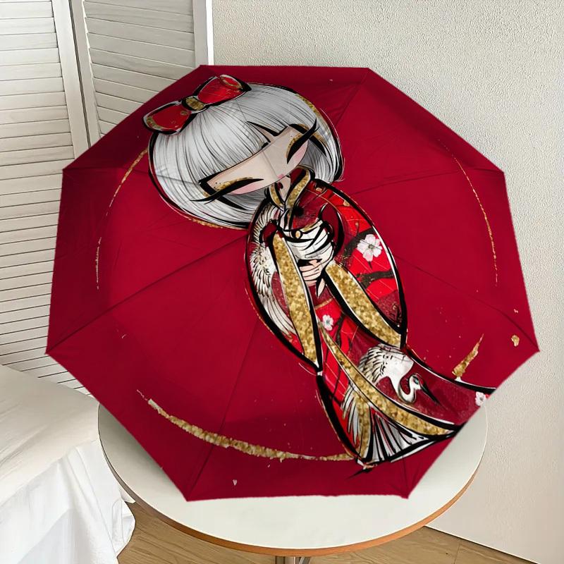 1pc Kimono Flowers Automatic Folding Umbrella, Heavy Duty 8 Rib Iron Frame, Suitable for Travel, Daily Use, Birthday, Decor Gift M0104023