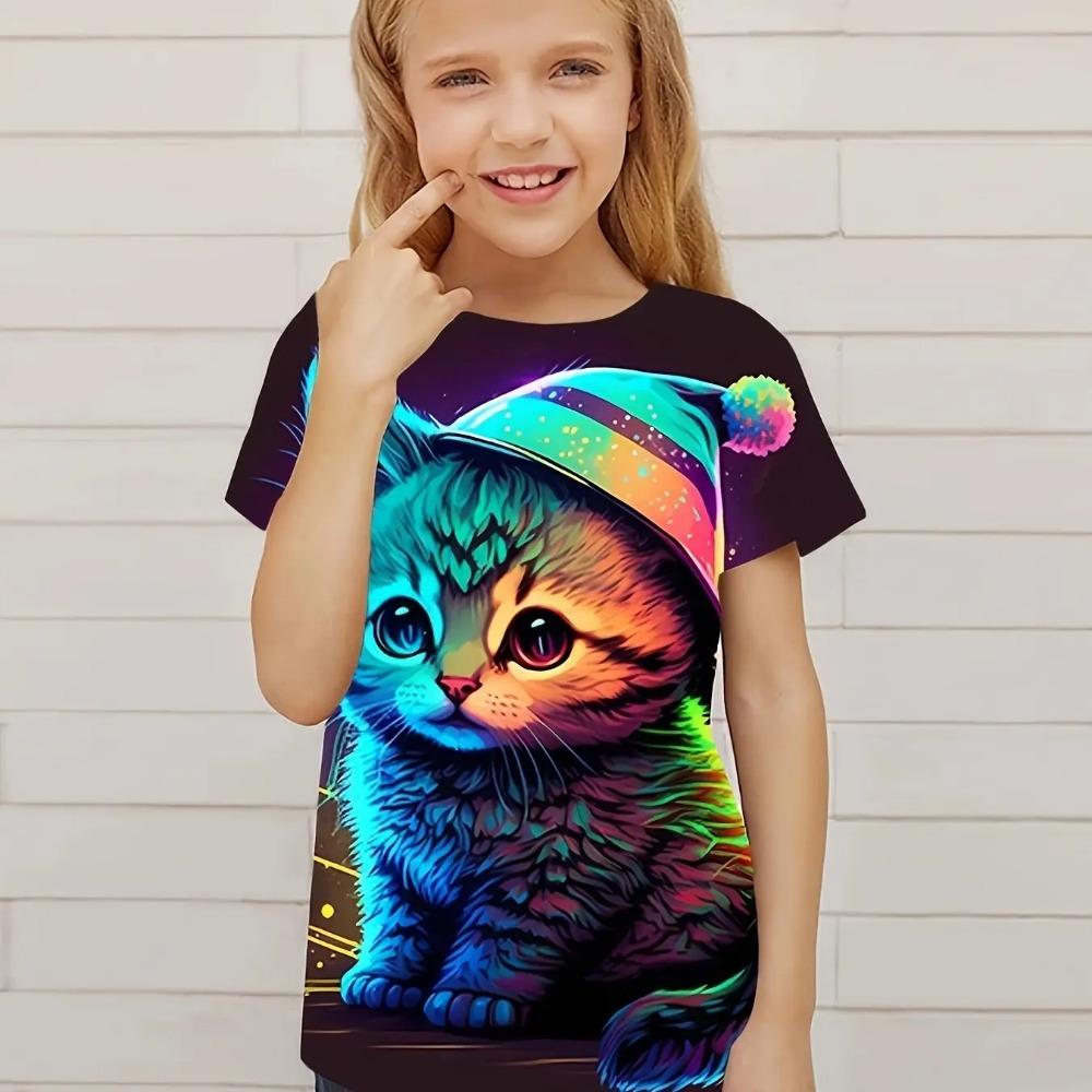 Children's Clothing Cute 3D Cat Pattern Printed Short Sleeved Top Children's Clothing T-shirt Casual Pullover Children's Boys and Girls Summer