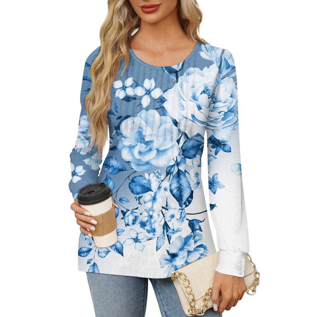 Women's Casual Top Printed Round Neck Long Sleeved Pleated T-shirt