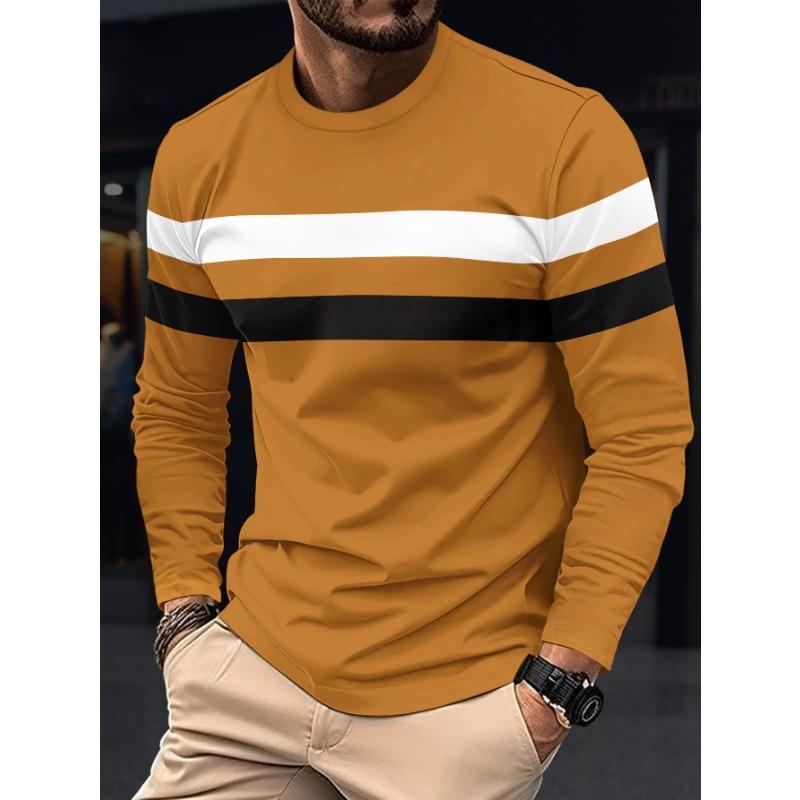 New Spring Autumn stripe Men's Long Sleeve T-shirt Round Neck Bottom Top Color blocked Versatile Fit Comfortable Men's clothing