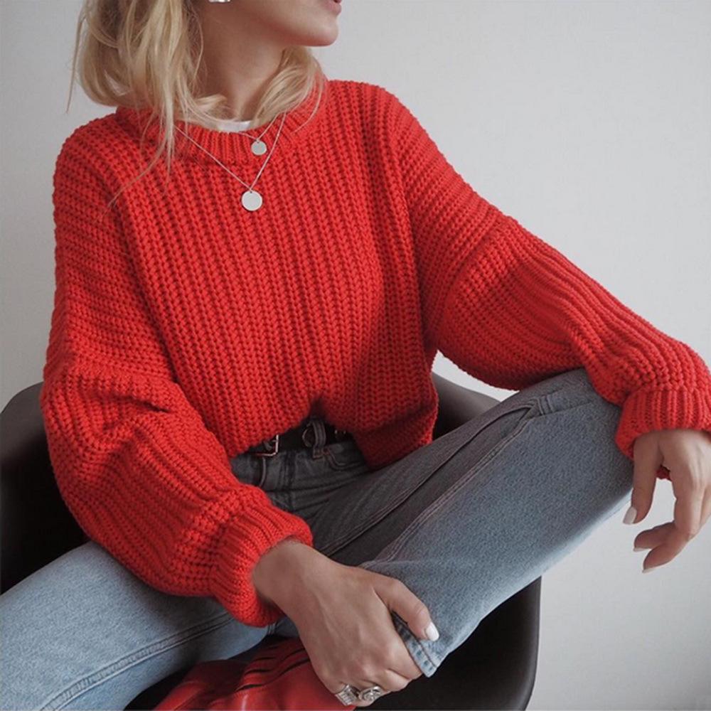 Women's Retro Knit Sweater - Round Neck, Solid Color, Loose Fit, Autumn/Winter Pullover Top