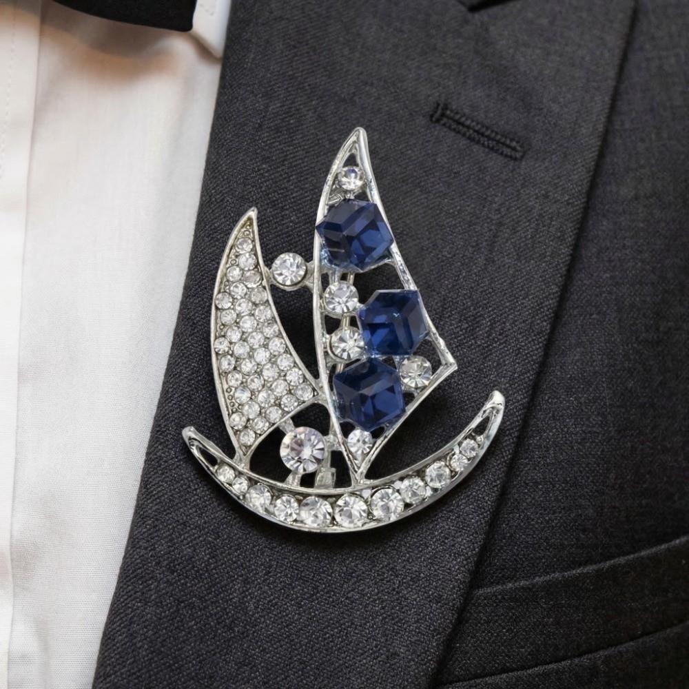 Zinc Zinc Alloy Rhinestone Sailboat Brooch Crystal Suit Lapel Pin Delicate Men Brooch  Ceremony Banquet