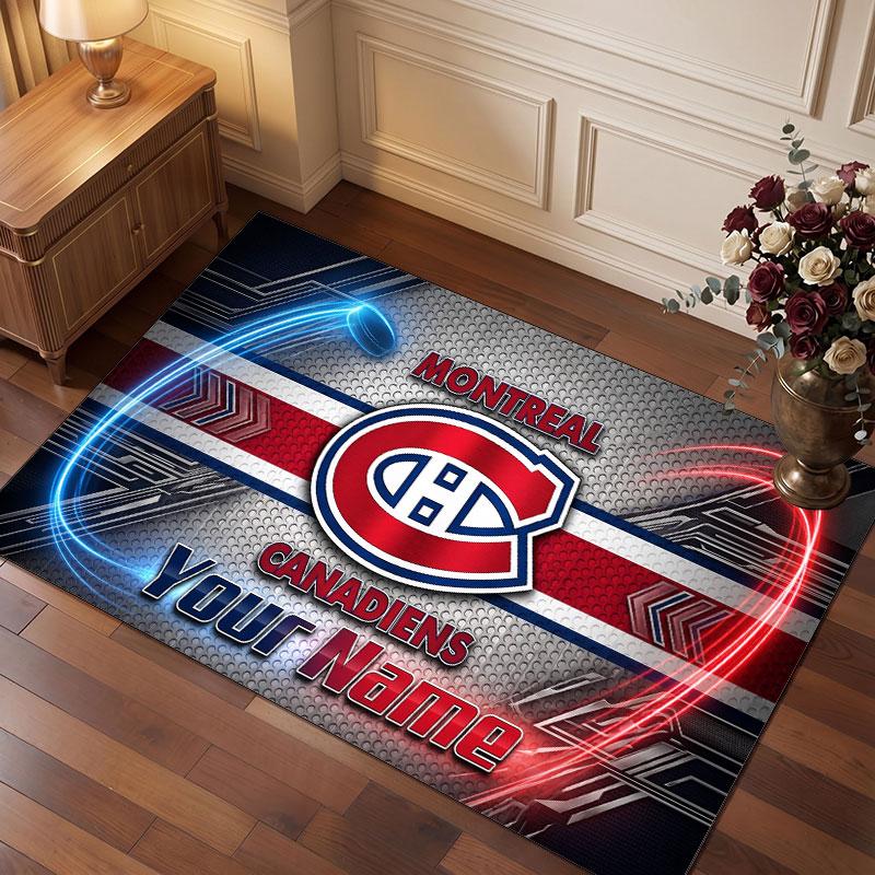Alfombra de Cristal de Terciopelo Personalizada Montreal Canadiens, Alfombra Suave Antideslizante con Texto de Nombre Personalizado para Sala de Estar Dormitorio