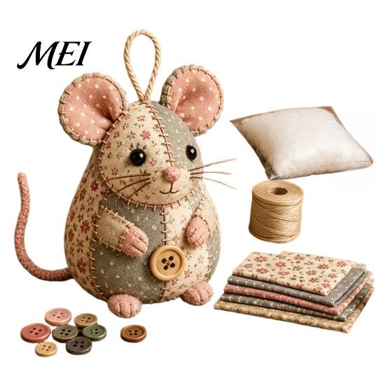Handgemachtes Geschenk DIY-Projekt Patchwork-Maus Nähset, Bastelset mit Blumenstoff, Füllmaterial & Stoffknöpfen, Niedliches Stofftier-Ornament für Anfänger
