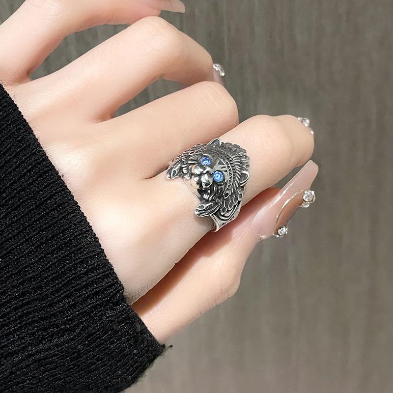 Indian Chief Cat Index Finger Ring Female Retro Imitation Thai Silver Niche Kitten Earrings Open Ring Ethnic Style