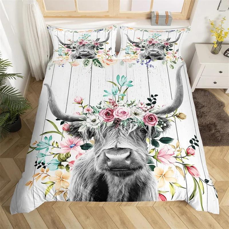 Highland Cow Bedding Set Polyester Bull Cattle Flowers Quilt Cover Western Wild Animal Duvet Cover Farmhouse Cow Bedspread Cover