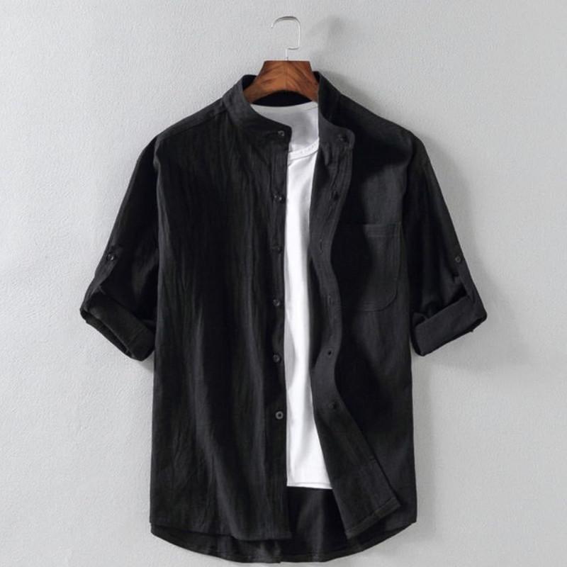 Men's Stand Collar Half Sleeve Shirt Roll-up Cuffs Chest Pocket Casual Woven Top