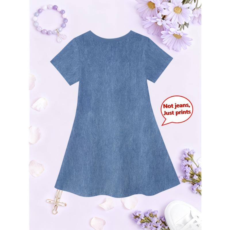 3D Print Butterfly Pattern Faux Denim Short Sleeve Dress for Girls | Casual Crew Neck, Regular Fit, Slight Stretch Fabric, Perfect for Spring/Summer