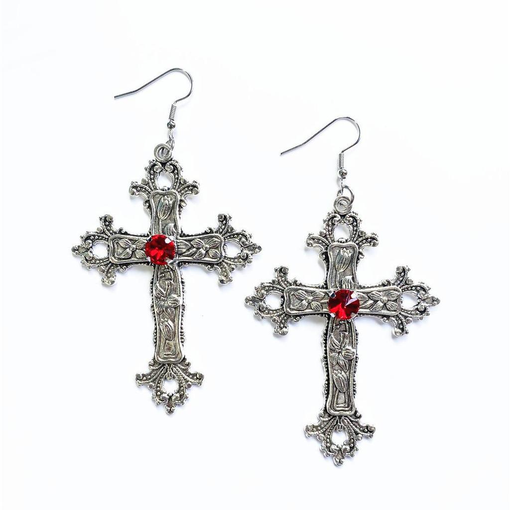 Gothic Punk Silver Cross Rhinestone Earrings