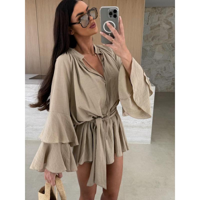 IHUASU Moda feminina verão primavera cor sólida estampa manga comprida decote em v vestidos casuais