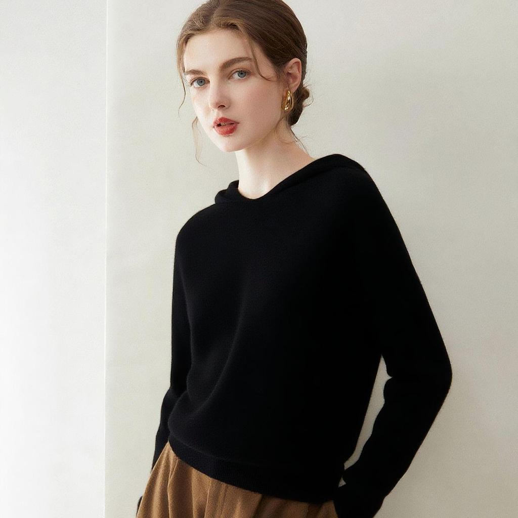 Women's Pure Cashmere Hooded Knit Sweatshirt - Autumn/Winter Loose Pullover Hoodie