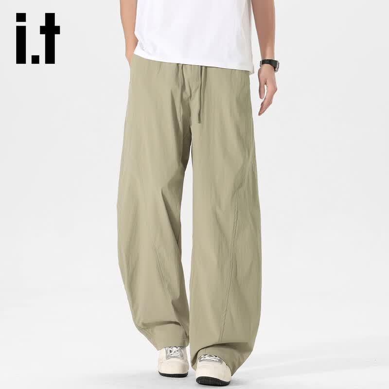 Izzueit Men's Summer Ice Silk Quick-Dry Curved-Leg Straight Pants
