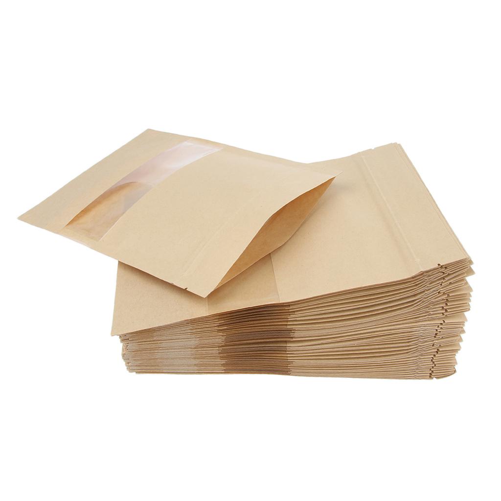 50x Kraft Paper Bag Stand Up Pouch Food Zip Lock Packaging W/ Window 9x14+3