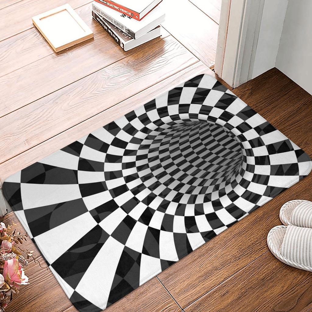 3D Checkered Swirl Trap Doormat Mat Anti-Slip Geometric Vortex Illusion Bathroom Kitchen Toilet Rug Carpet 40*60cm
