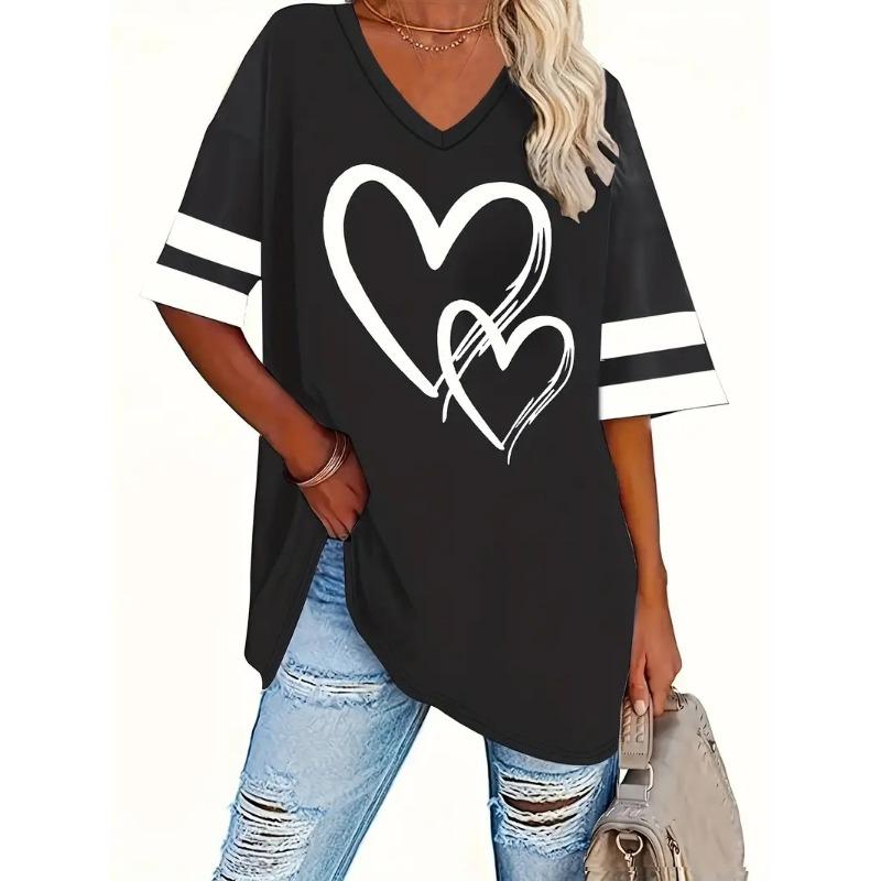 2025 T-shirt με Εκτύπωση Καρδιά & Ριγέ Μεγάλου Μεγέθους Καθημερινό Μπλουζάκι Κοντομάνικο για Άνοιξη & Καλοκαίρι Γυναικεία Ρούχα Μεγάλου Μεγέθους