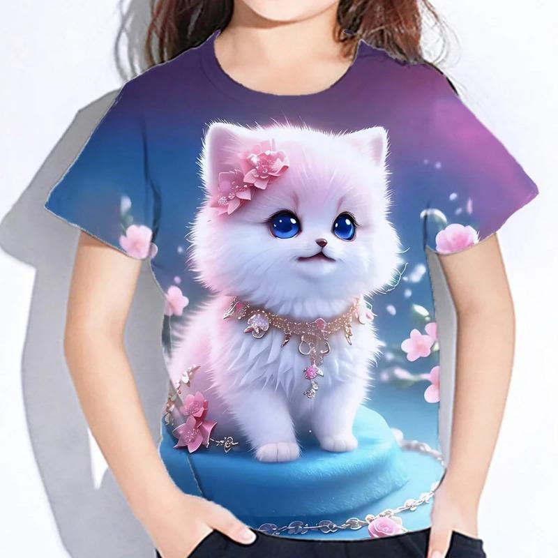 Children's Clothes 3d Print Kawaii Cat Pattern T Shirts Short Sleeve Tops 2026Kids Clothing Girls Boys Clothes 2 To 8 Years