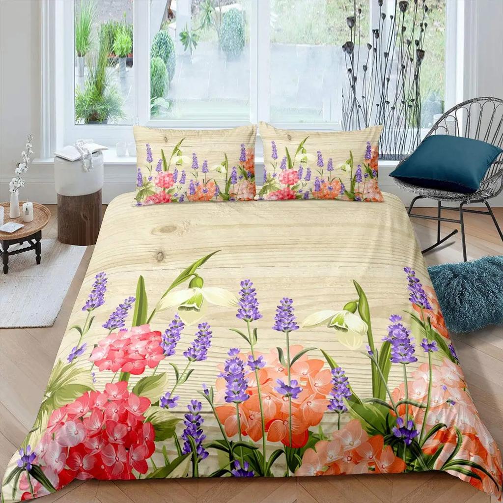 Funda Nórdica Lavanda Rey Reina Morada Flor Mariposa Juego de Ropa de Cama Abstracto Mármol Floral Funda de Edredón Poliéster Funda de Colcha