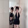 Be Careful with the Inner Battle Skirt, Deep V-neck Lace-up Neck Dress, Women's Pure Desire Sexy Backless Streamer Hip-wrapped Short Skirt