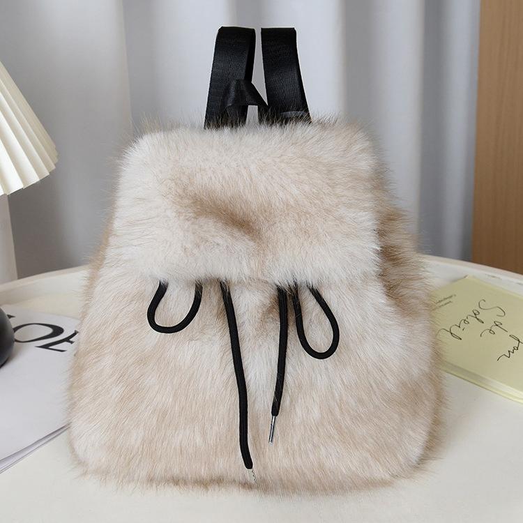 Y2k Plush Backpack Women Small Cute Drawstring Leopard Fluffy Bag Solid Soft Fleece Knapsack Winter Warm Faux Fur Mini Backpack