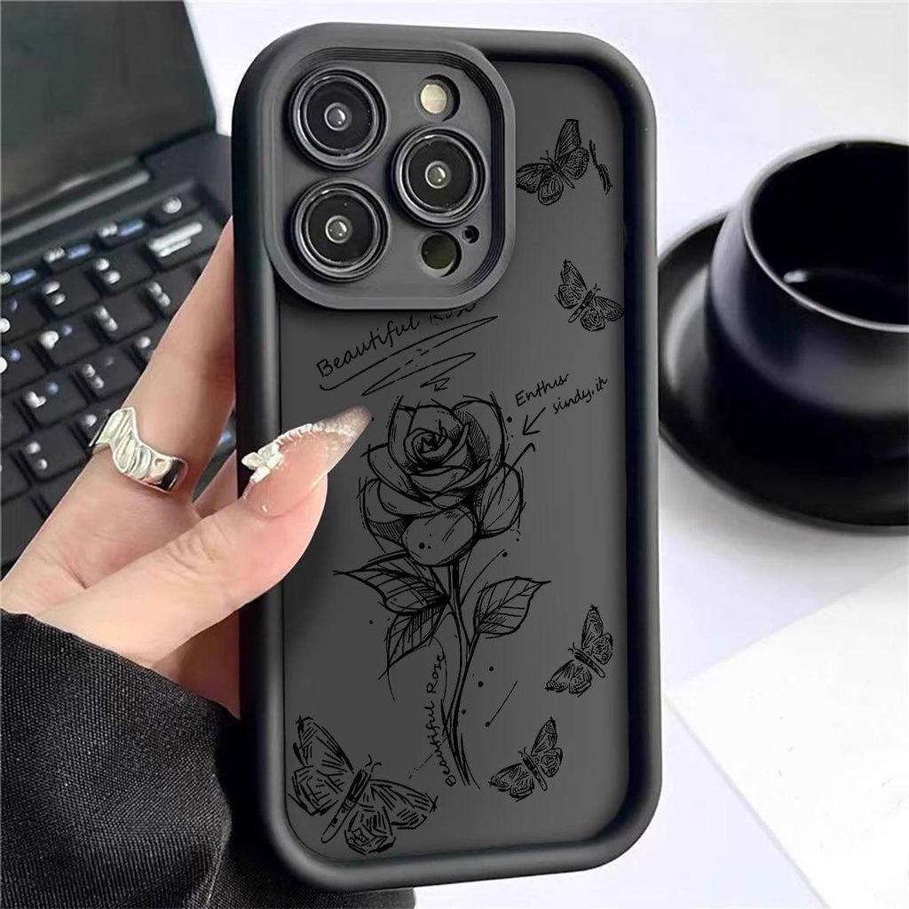 Sketch Rose Flower Design iPhone 14-17 Pro Max Case - Black Groove Edition