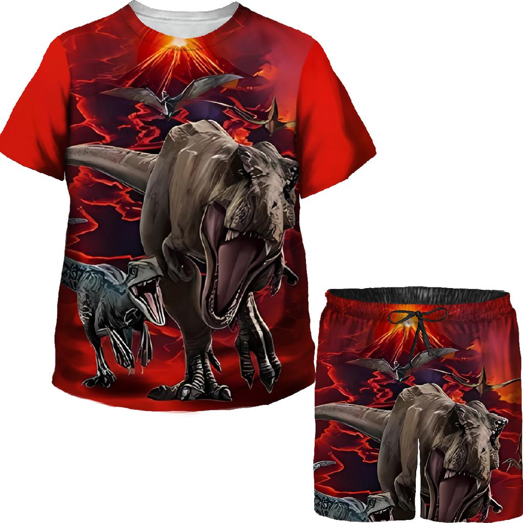 Toddler Boys Girls Cartoon 3D Print Jurrasic Dinosaur T Rex Velociraptor Tees/Suits Teenager Casual Summer T Shirt Tracksuit Set