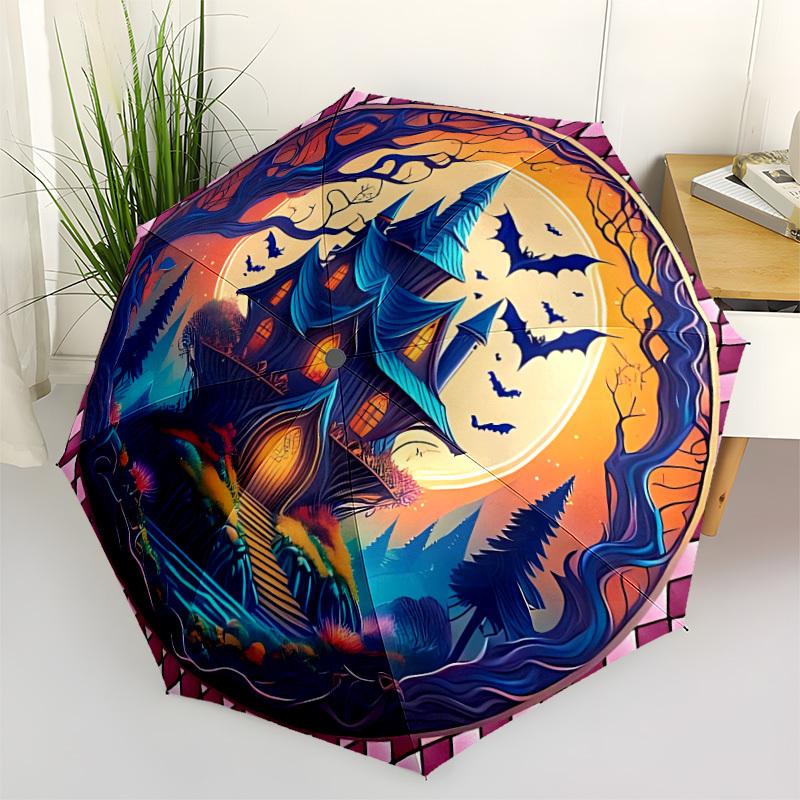 1pc Haunted Castle Automatic Open/Close Umbrella - Portable Collapsible Umbrella with 8-Rib Stability, Fashion Lovers Yy251017171