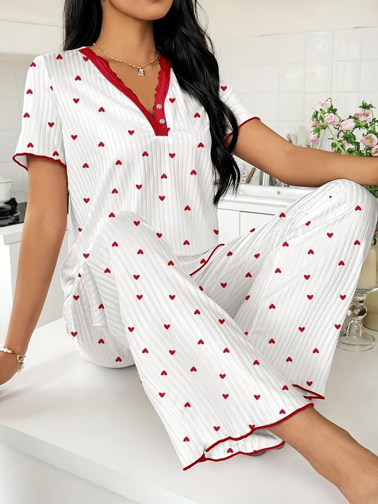 Fashion Women's Two-piece Loungewear Set, Printed Short-sleeve Top & Full-length Pants, Comfortable Sleepwear for Everyday & Relaxation