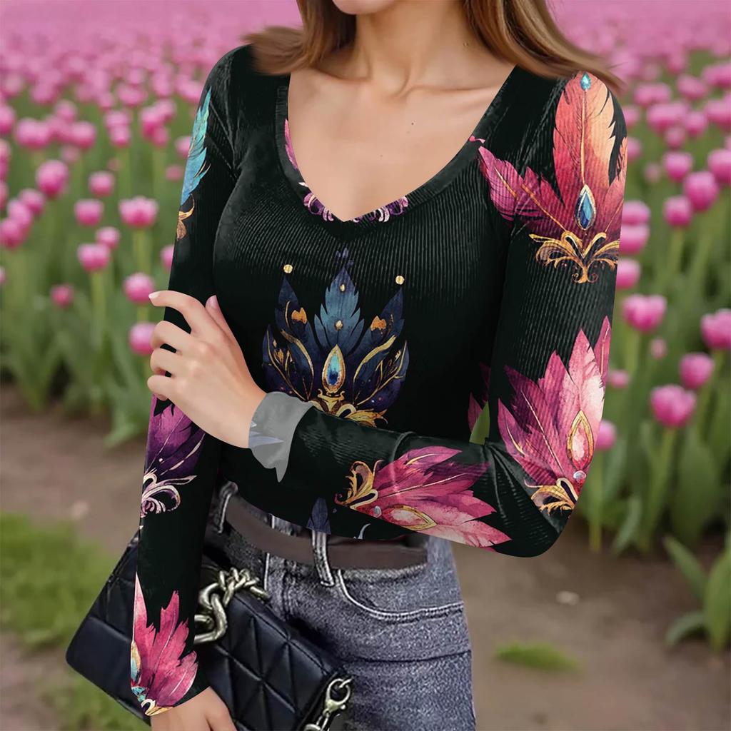 Damen Winter Slim-Fit Baselayer T-Shirt Modischer Druck V-Ausschnitt Pullover Langarm-Oberteil