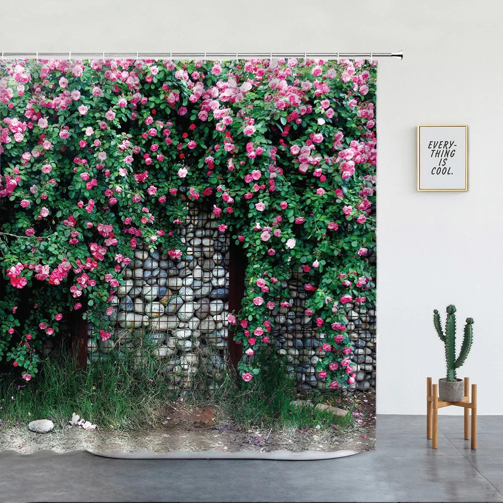 Stone Brick Wall Shower Curtain,Ivy Green Leaves Climbing On Rustic Marble Rocks Stone Wall Fabric Bathroom Shower Curtains